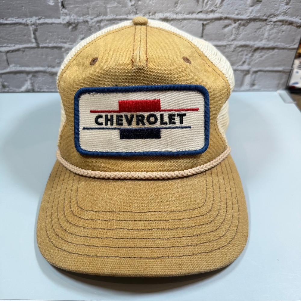 Vintage Chevrolet Hat MAD Engine GM Licensed Rope Trucker Snapback Tan Cream